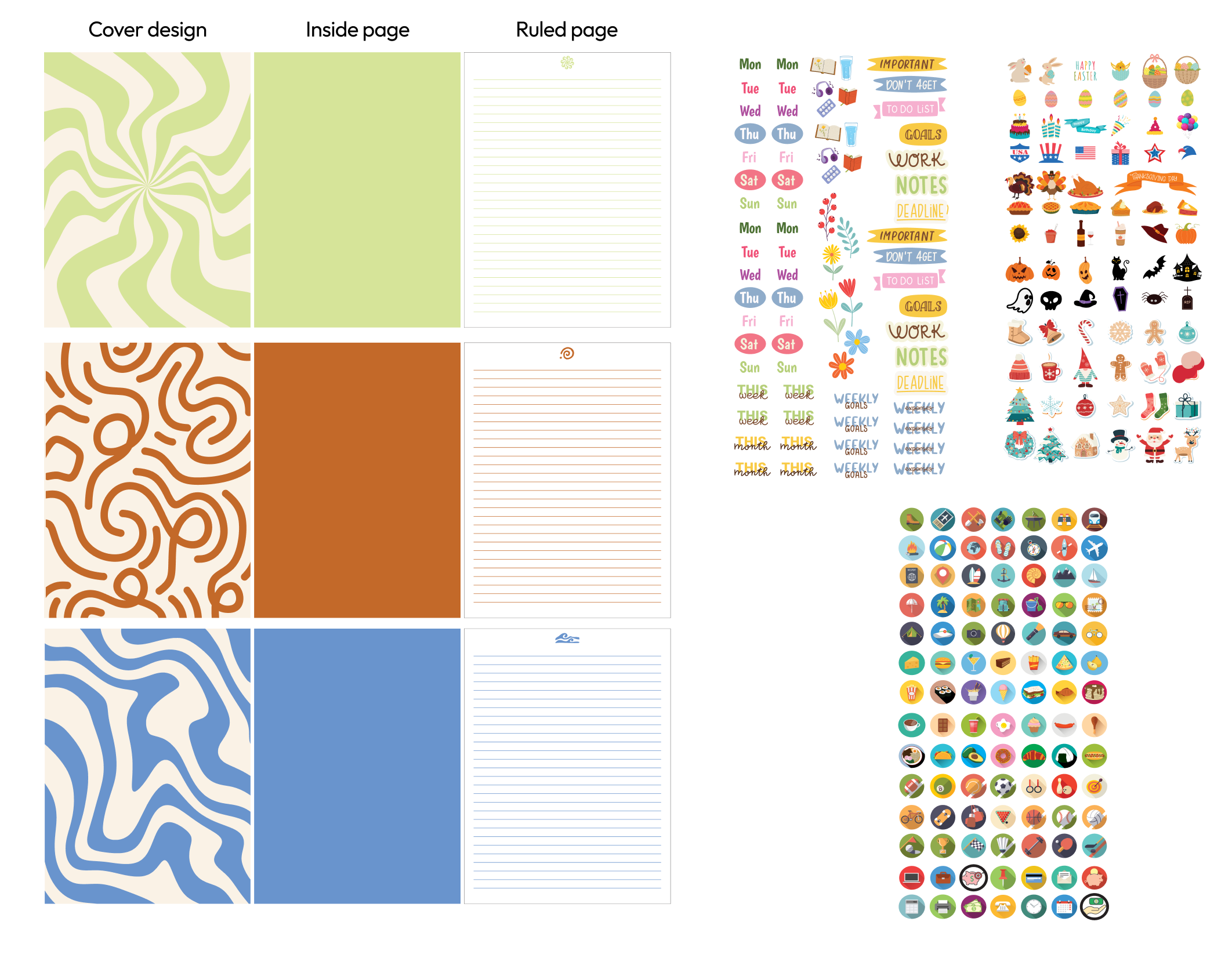 Textured Paper Journal (3-Pack) – 6x8” Fabric-Covered Notebook, 60 Lined Sheets, Lay-Flat Design with Rounded Edges, Includes Stickers & Stencils