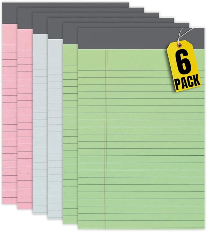 Coloured Legal Pads 5x8 Inch – Pack of 6 | 50 Sheets per Pad, Narrow Ruled Writing Pads | Assorted Bright Colors | Tear-Off Notepads for Office, School, and Home | Premium Legal Notebooks for Notes & Lists