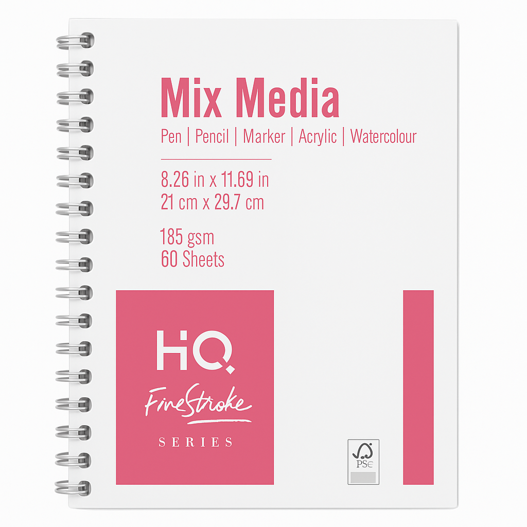 HQ Finestroke Mix Media Sketch Pad | 8.26x11.69 Inch, 60 Sheets, 185 GSM | Perfect for Acrylic, Watercolor, Pencil & Marker