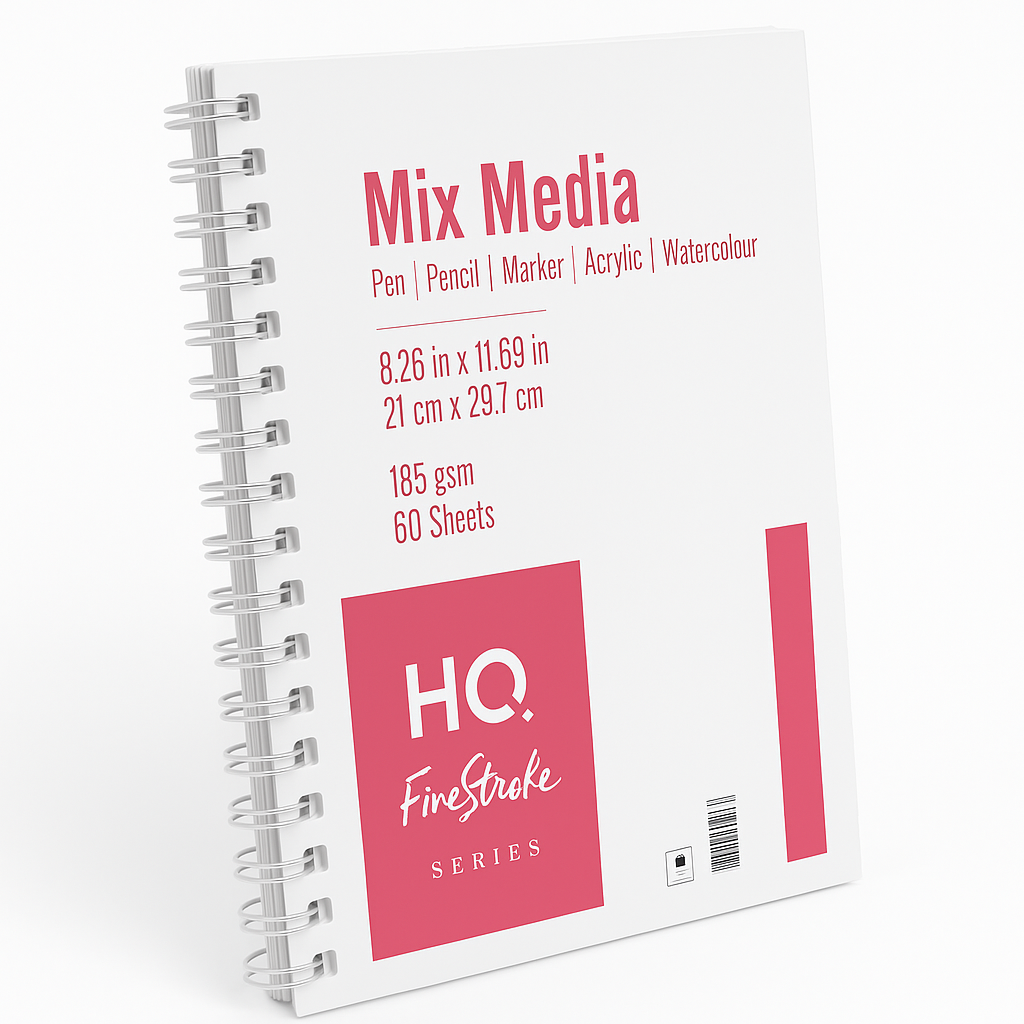 HQ Finestroke Mix Media Sketch Pad | 8.26x11.69 Inch, 60 Sheets, 185 GSM | Perfect for Acrylic, Watercolor, Pencil & Marker