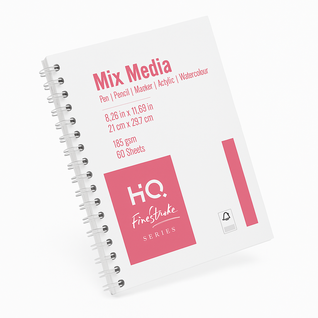 HQ Finestroke Mix Media Sketch Pad | 8.26x11.69 Inch, 60 Sheets, 185 GSM | Perfect for Acrylic, Watercolor, Pencil & Marker
