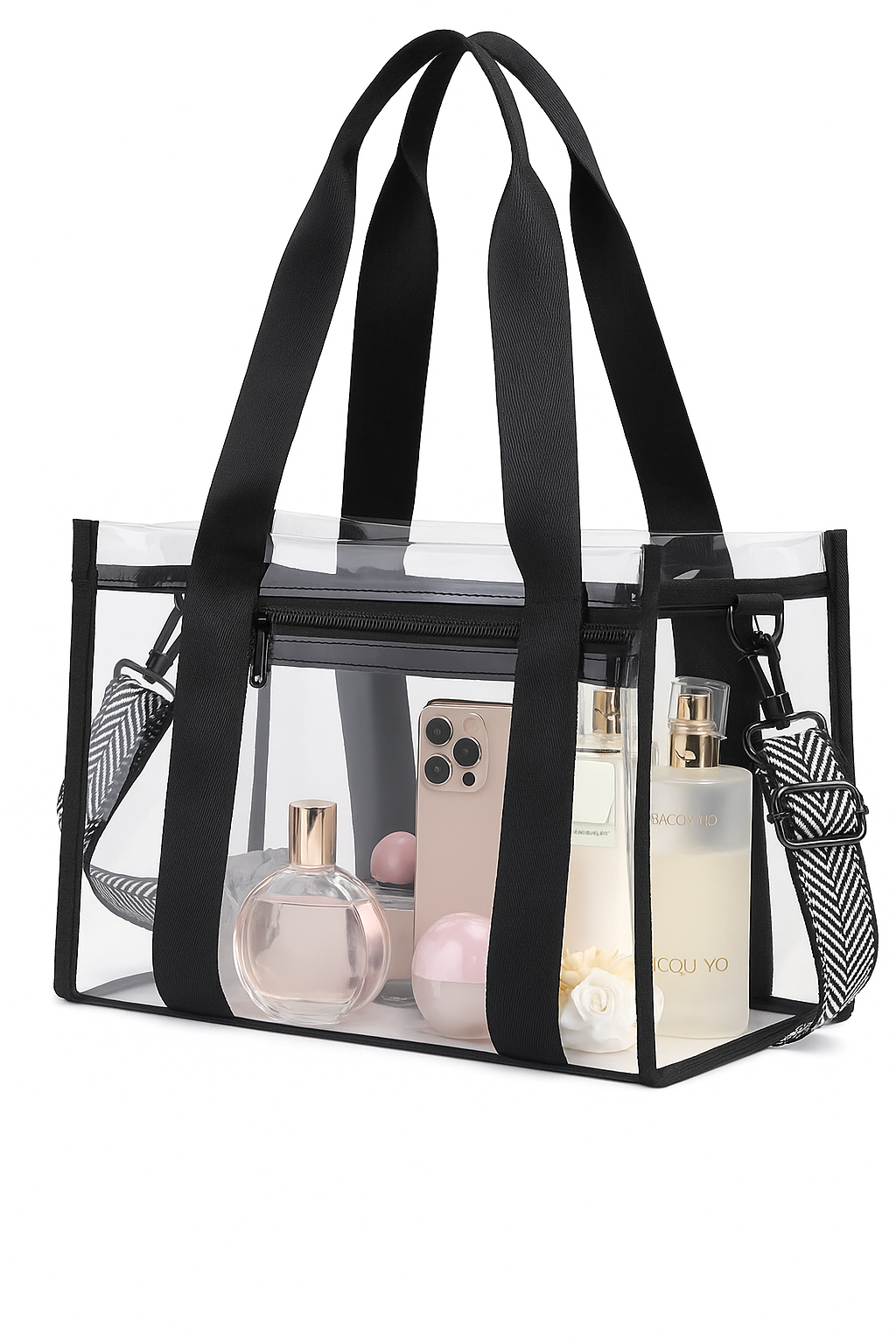 Clear Tote Bag | Transparent Shoulder Bag for Women & Men | Stadium-Approved PVC Tote with Zipper | Travel, Work, Gym & Beach Bag (30 x 12.5 x 24.5 cm)