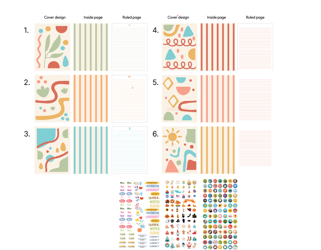 Textured Paper Journal (6-Pack) – 6x8” Paper-Covered Notebook, 60 Lined Sheets,  Design with Rounded Edges, Includes Stickers & Stencils