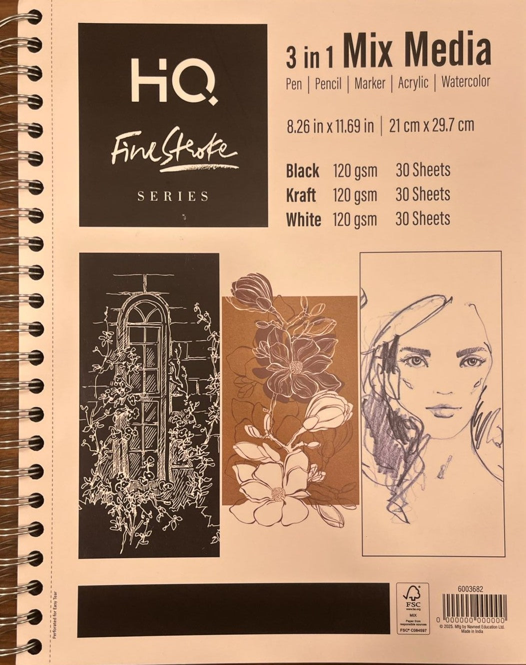 3in1 Artist Sketch Pad | 8.26x11.69 Inch, 30 Sheets, 120 GSM | Suitable for Watercolor, Acrylic, Pen, Pencil & Marker