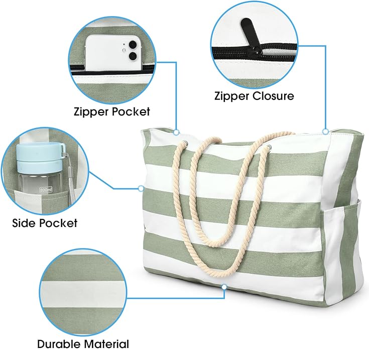 Large Beach Bag for Women | Oversized Waterproof Tote with Zipper | Travel, Pool & Vacation Bag | Lightweight Canvas Beach Tote (55 x 21 x 36.5 cm)