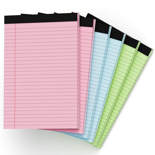 Coloured Legal Pads 5x8 Inch – Pack of 6 | 50 Sheets per Pad, Narrow Ruled Writing Pads | Assorted Bright Colors | Tear-Off Notepads for Office, School, and Home | Premium Legal Notebooks for Notes & Lists