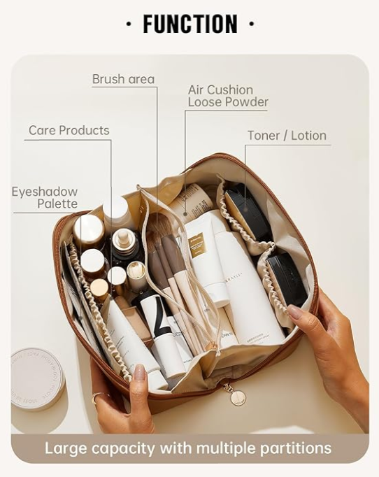Makeup Pouch Organizer for Women | Travel Cosmetic Bag with Compartments | Portable Toiletry Kit (24.5 x 11.5 x 12 cm) | Large Capacity Vanity Storage Bag for Daily Use & Travel