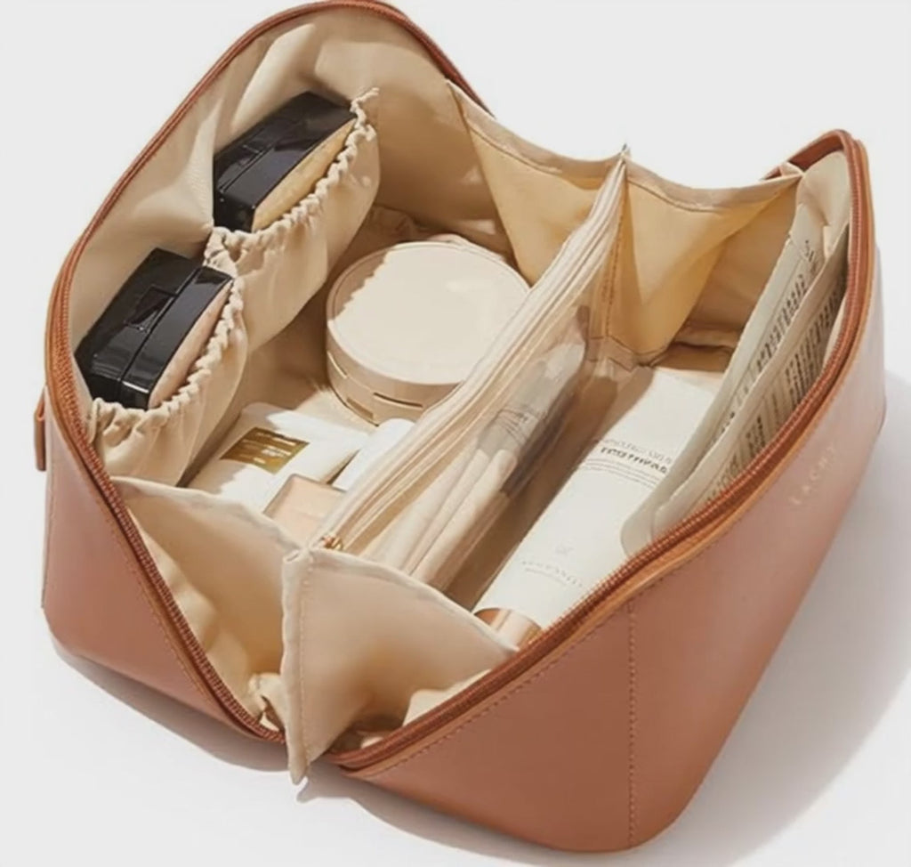 Makeup Pouch Organizer for Women | Travel Cosmetic Bag with Compartments | Portable Toiletry Kit (24.5 x 11.5 x 12 cm) | Large Capacity Vanity Storage Bag for Daily Use & Travel