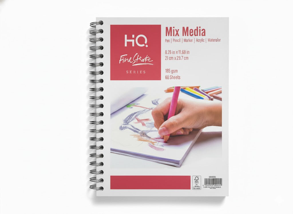HQ Finestroke Mix Media Sketch Pad | 8.26x11.69 Inch, 60 Sheets, 185 GSM | Perfect for Acrylic, Watercolor, Pencil & Marker